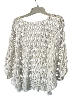 Crochet Open-Knit White Boho top dolman sleeve one size scalloped lace hem